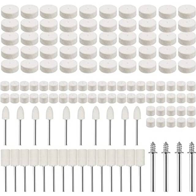129PCS Wool Felt Polishing Pads Buffing Grinding Wheel Rotary Tool Set with Shape Shanks & Shark & Replacement Wheels (130mm 250mm) for Drill Plastic