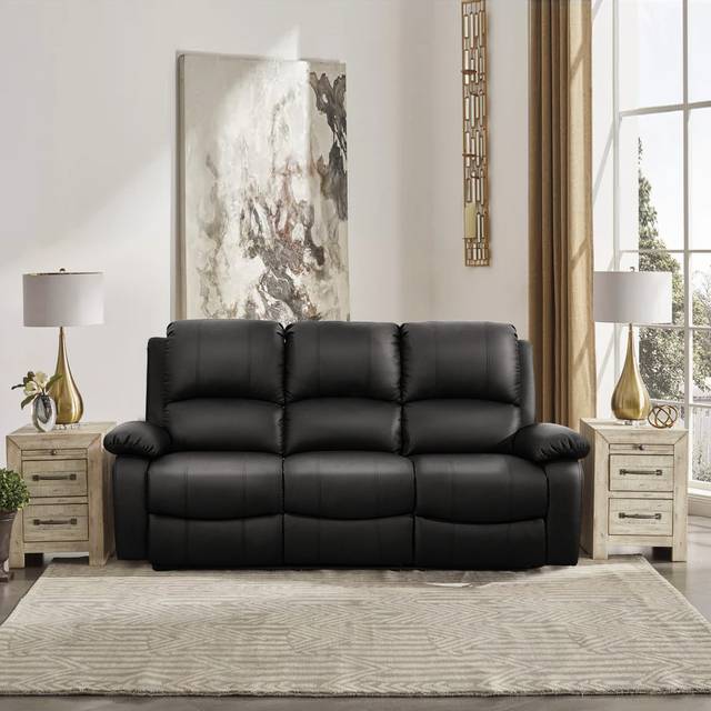 (Black, 3 Seat Only) Reclining Luxury Leather Sofa Set In Choice of colours- 3 Piece, 2 Piece, Armchair