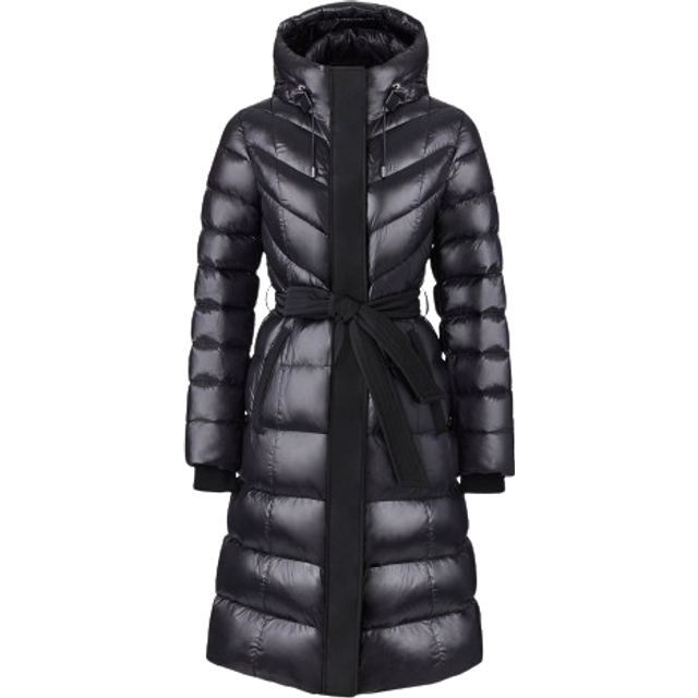 Coralia Lustrous Light Down Coat with Sash Belt - BLACK - Medium