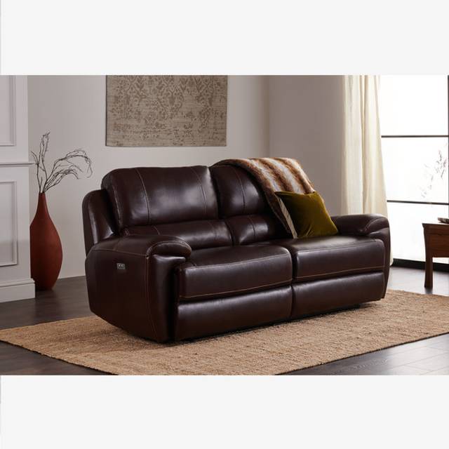 Two Tone Brown Leather Sofas - 3 Seater Electric Recliner Sofa with Power Headrest - Austin Range - Oak Furnitureland