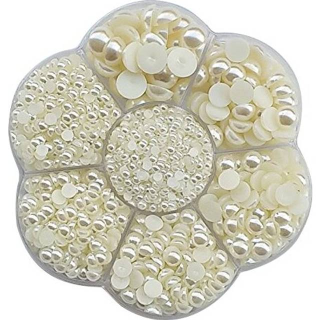 Chenkou Craft Random 1900pcs Assorted 7 Sizes Half Flatback Pearl Bead Gem Scrapbook Craft DIY Loose Beads + Plastic Box (Beige)