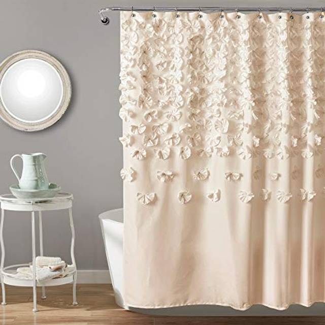 Lucia Shower Curtain - Fabric, Ruched, Floral, Textured Vintage Chic, Farmhouse Style Design, 72â x 72â, Ivory