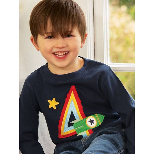 Frugi Kids' Magic Number 4 Organic Cotton Rocket T-shirt, Indigo/Multi