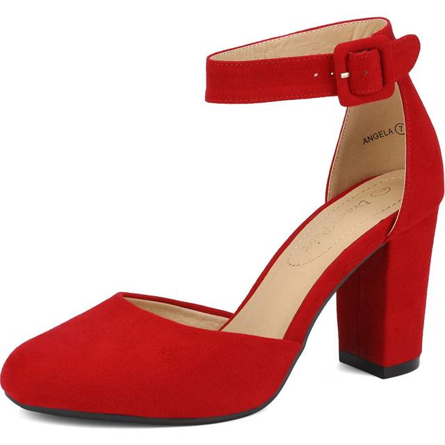 DREAM PAIRS Womens High Heels Closed Toe Court Shoes Block Ankle Strap Ladies Sandals for Wedding,Size 5.5,Red/Suede,Angela