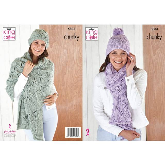 King cole chunky knitting pattern 5833 hat, beret, shawl and scarf