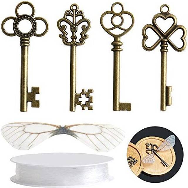 SANNIX 30 PCS Vintage Skeleton Keys Flying Keys Charms with 30 Pairs Dragonfly Wings and 30 Yards Elastic Crystal String for DIY Jewelry Making