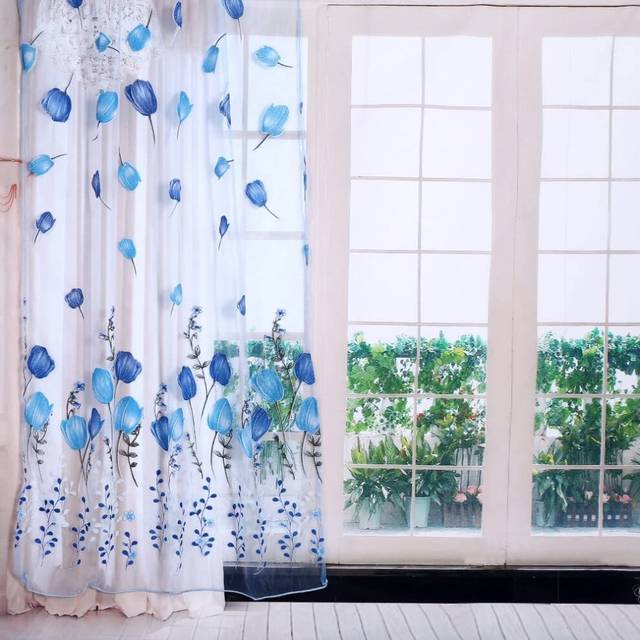 100x200 cm Colorful Tulips Printing Window Curtains Sheer Drape Tulle Draperies for Balcony Living Room Bedroom Kitchen Decorations(Blue)