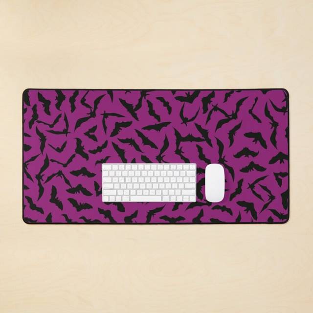 Desk Mat Cool Black Purple Halloween Pattern Bats Silhouette Large Gaming Mouse Pad 35x16 inch