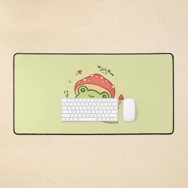Desk Mat Super Cute Kawaii Frog with Toadstool Mushroom Hat Snail - Cottagecore Aesthetic Forggy Mushrooms Large Gaming Mouse Pad 35x16 inch