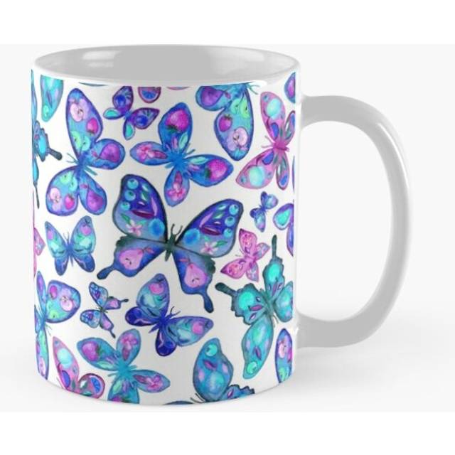 Mugs 11oz Watercolor Fruit Patterned Butterflies - aqua and sapphire Coffee Ceramic Mug Funny Anniversary Novelty Christmas Gift