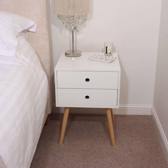 (White, 2 Drawer) Bedside Side Table Nightstand 2 Storage Drawers Wooden Legs