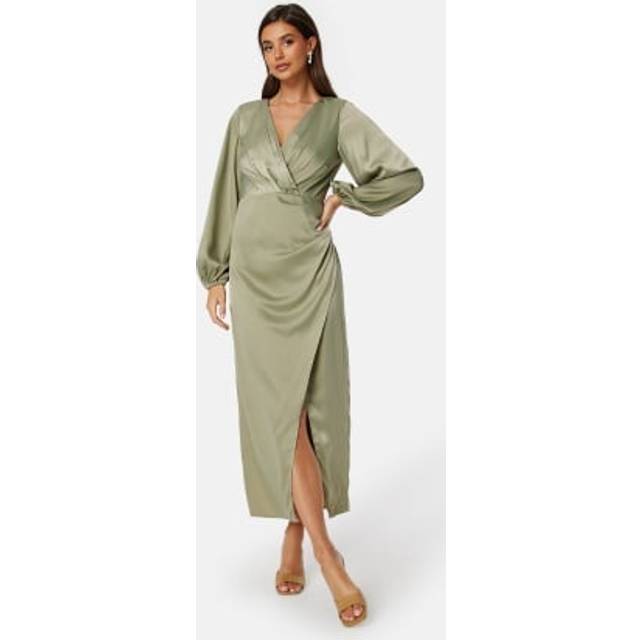 Bubbleroom Occasion L/S wrap satin midi dress Green S