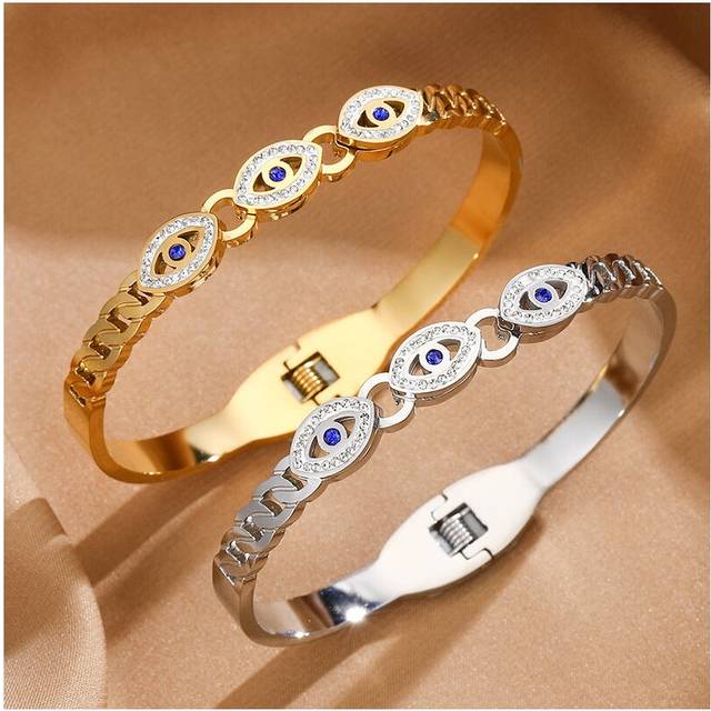 18ct Rose Gold Plated Evil Eye Round Brass Gold Zircon Armlet Bangle Bracelet - One Size