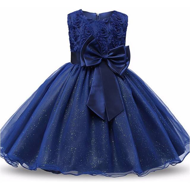 (Blue, 3-4 Years) Kids Girl Bow Wedding Bridesmaid Dress Princess UK