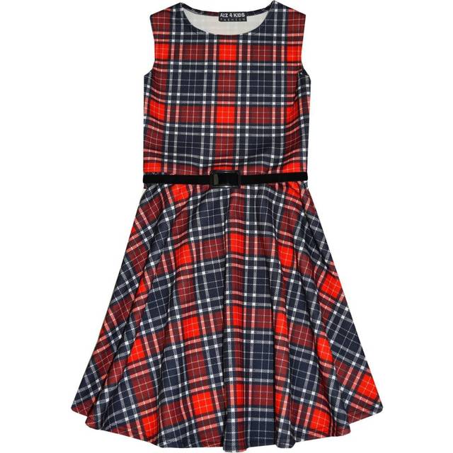 (11-12 Years) Girls Skater Dress Kids Red & Black Tartan Print Summer Party Dresses 7-13 Years