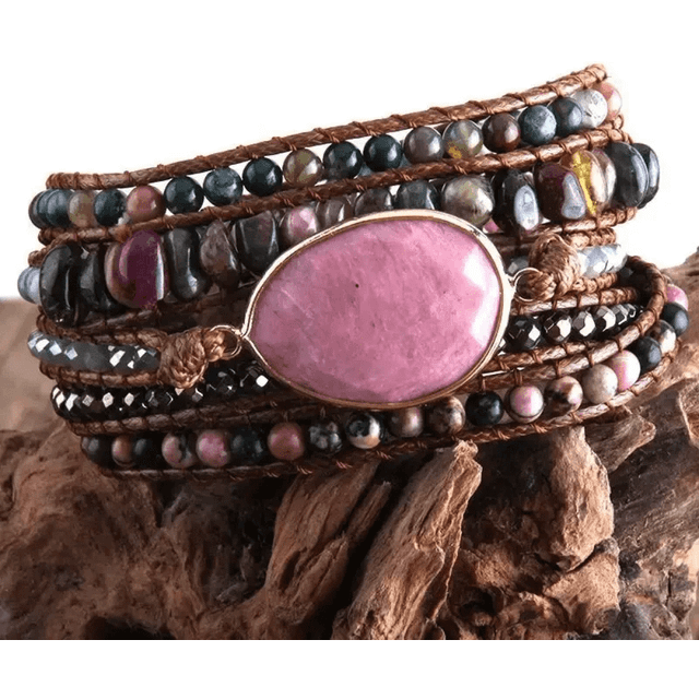 SHEIN 1pc Handmade Bohemian Jewelry Bracelet With Mixed Natural Semi-Precious Stones, 5 Strands Wrap Bracelet, Gift