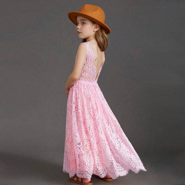 Tween Girl Enfärgad Spets Rygglös Klänning För Semester Beach, Flower Girl Bröllop, Party - Rosa (6Y,7Y,8Y,10Y,3Y,4Y,12Y)