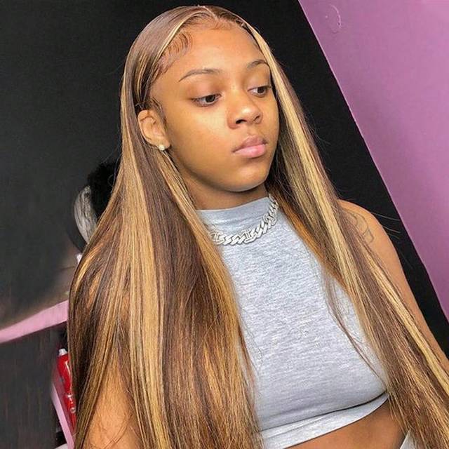 9AM Hair Highlight Brown Straight 13x4 Lace Frontal Human Hair Wigs Ombre Color Honey Blonde Pre Plucked With Baby Hair Human Hair Wig For Women