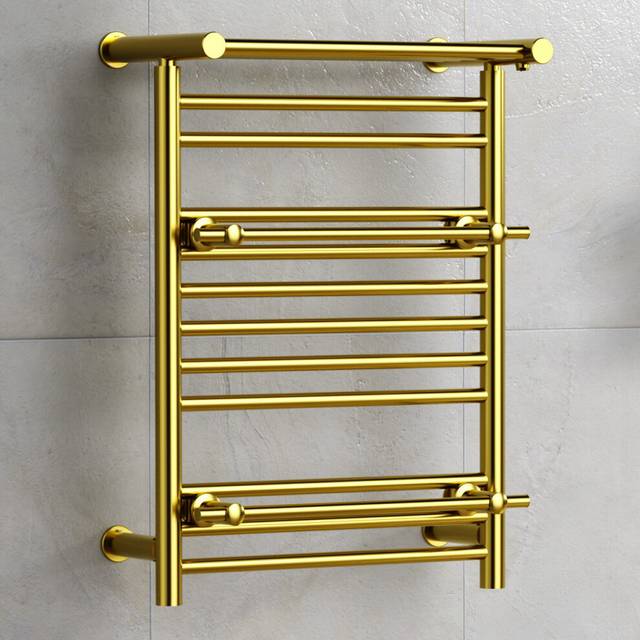 (Shiny Gold, No Valves) Designer Heated Towel Rail Radiator With Top Shelf OSLO
