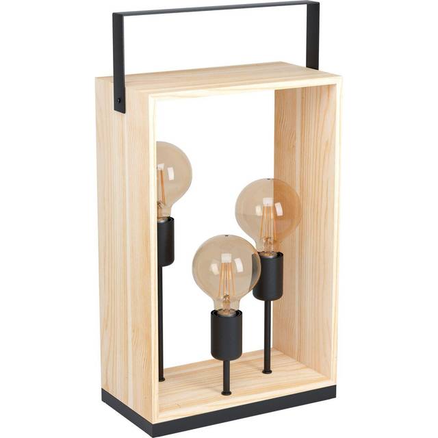 Table Lamp Desk Light Black & Natural Steel & Wood Box 3 x 40W E27 Bulb
