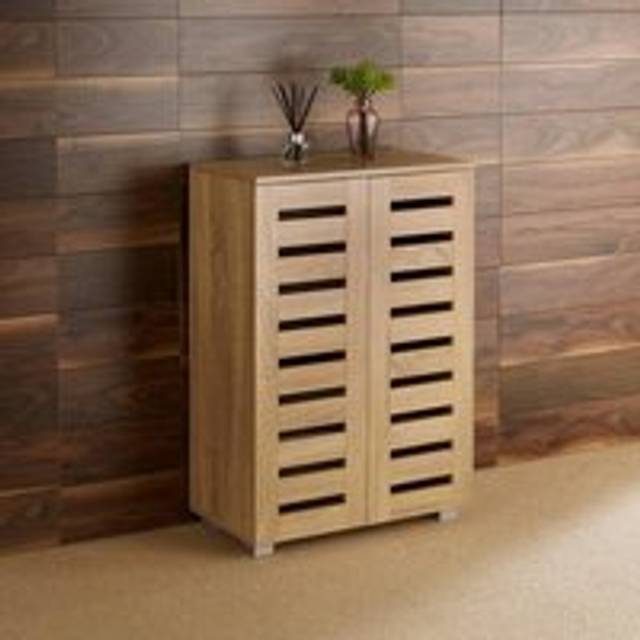 (Oak) Home Source Oslo 2 Door Slatted Shoe Cabinet Storage Unit