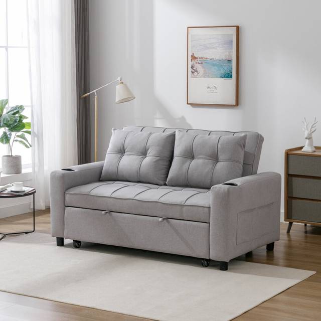 (Light Grey) HUDSON 2-SEATER SOFA BED LINEN FABRIC WITH CUP HOLDERS