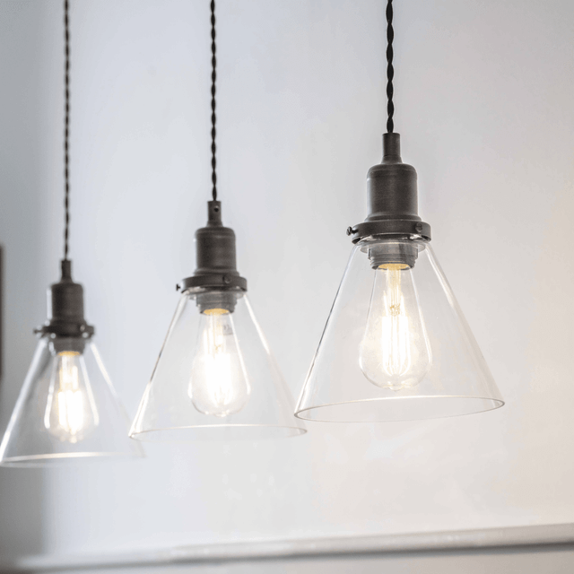 Garden trading hoxton cone glass triple bar pendant light in antique bronze