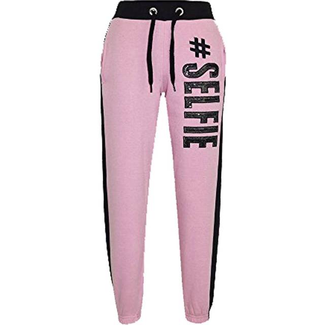 (11-12 Years) Kids Girls Tracksuit Designer #Selfie Baby Pink & Black Top Bottom Jogging Suits