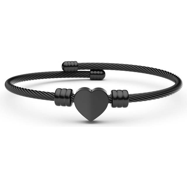 Stainless Steel Cable Wire Heart Charm Bangle Bracelet Punk Adjustable Wrist Bracelet Jewelry - Black