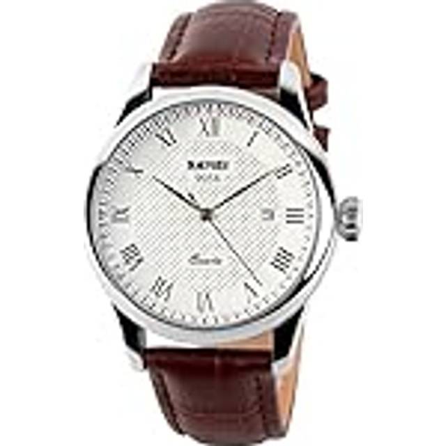SKMEI Brand Men&#39;s Quartz Watches Waterproof Leather Strap Casual Calendar Business Wrist Watches Analog (Brown+Silver)