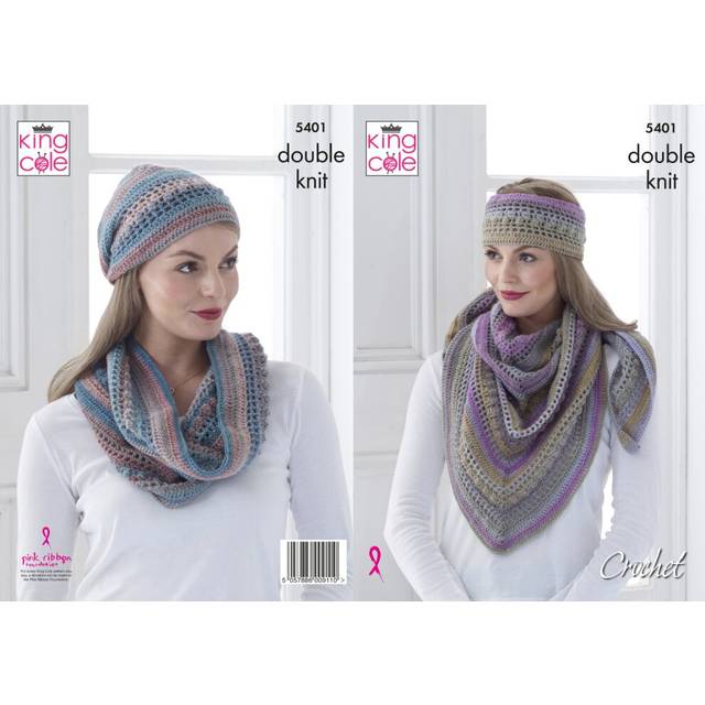 King Cole 5401 DK Crochet Pattern Womens Shawl Cowl Hat & Headband