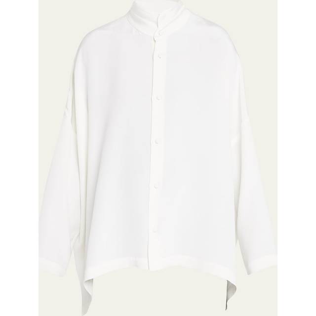 Eskandar Silk Stand-Collar Shirt - White - 1