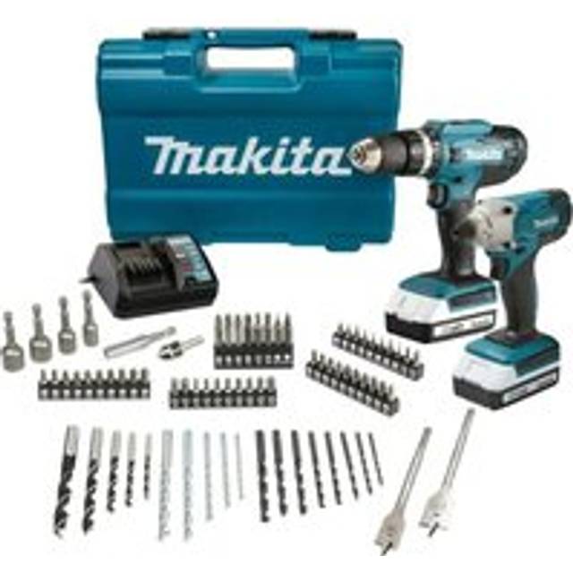Makita 18v Combi Hammer Drill & Impact Driver Twin Pack Cordless + 74 piece Set