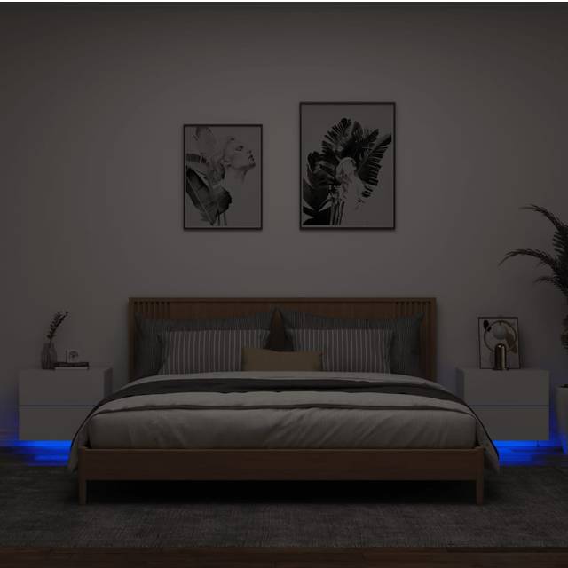 vidaXL Wall-mounted Bedside Cabinets with LED Lights Side Table 2 pcs White