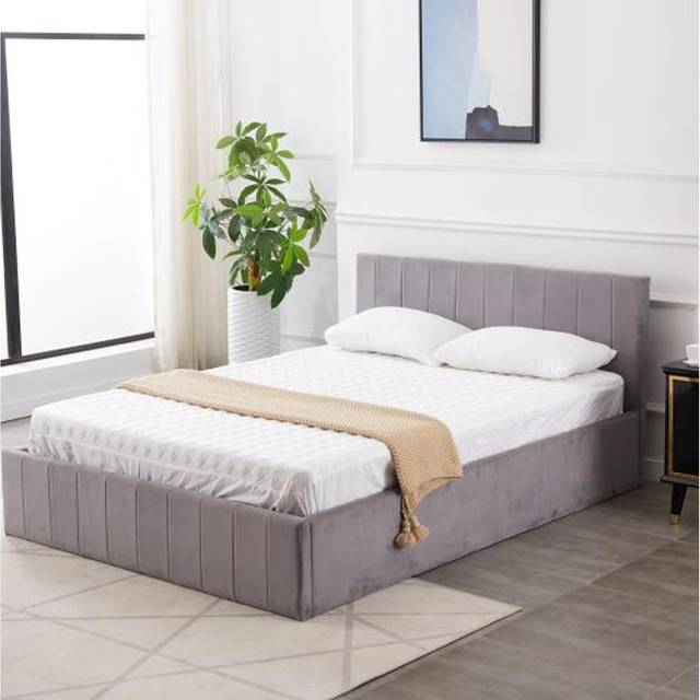 Portland Double Grey Line Pattern Velvet Ottoman Bed - Small Double
