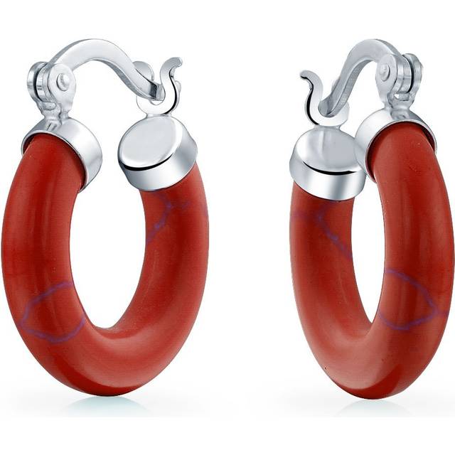 Medium Size Enhanced Gemstone Red Orange Coral Round Tube Hoop Earrings For Women Teen .925 Sterling Silver .75 Inch Diameter