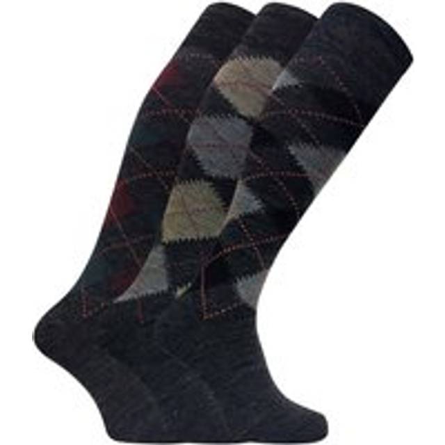 (6-11 UK, Grey) 3 Pairs Mens Extra Long Knee High Argyle Lambs Wool Dress Socks