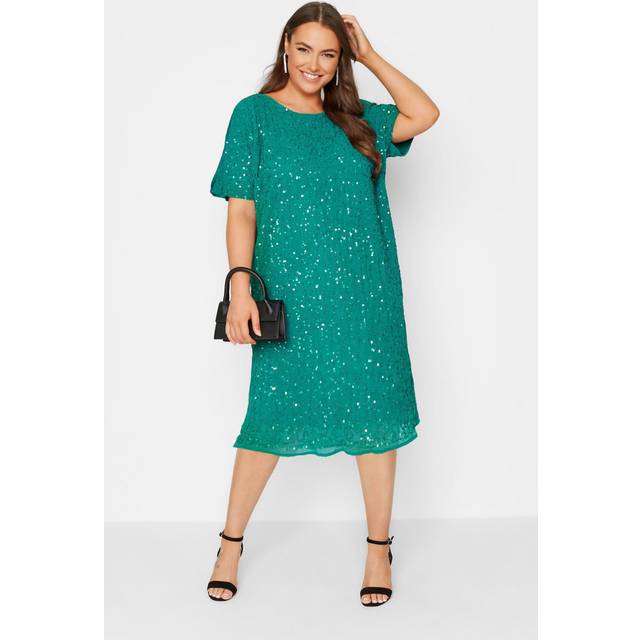 Luxe Curve Teal Green Sequin Hand Embellished Cape Dress, Women's Curve & Plus Size, Luxe: Ultimate Embellishment - 34-36