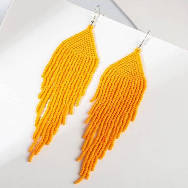 Bohemian Large Handmade Beaded Tassel Statement Chandelier Dangle Earrings, Boho Big Mexican Tribal Seed Bead Fringe Drop Earrings for Women