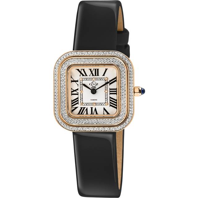 Womens Bellagio Swiss Made Diamond Silver-White Dial, Genuine Hanmade Black Leather Watch - One Size