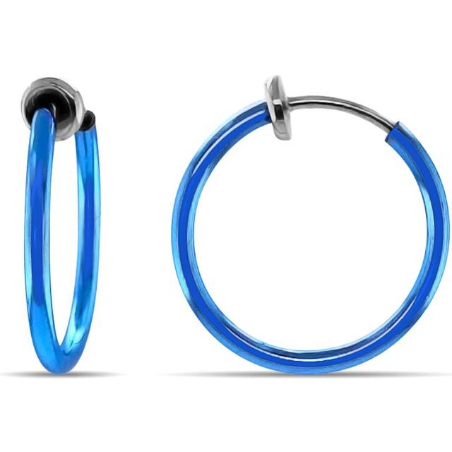 Aloha Earrings - Clip On Hoop Earrings for Women - Silver and Gold-Tone Brass Spring hoops for Non-Pierced Ears (Blue Small)