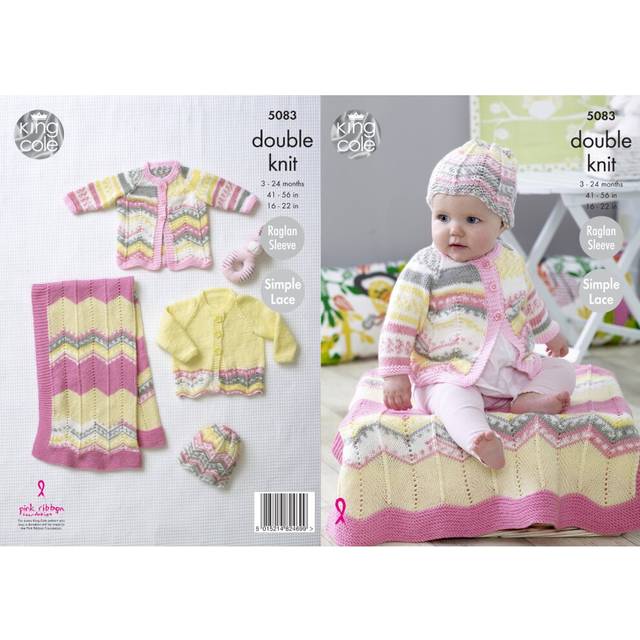 King Cole 5083 DK Knitting Pattern Baby Coat Cardigan Blanket & Hat