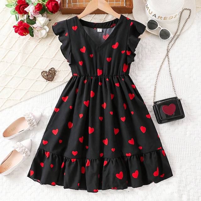 SHEIN Tween Girls&#39; Heart Pattern Printed Dress With Ruffle Hem