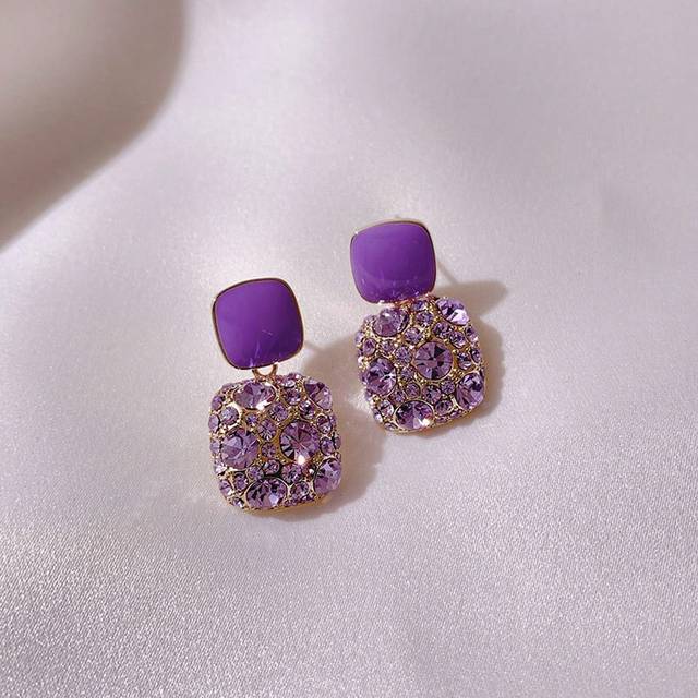SHEIN 1pair Simple & Personalized High-End Purple Square Shape Full Diamond Earrings