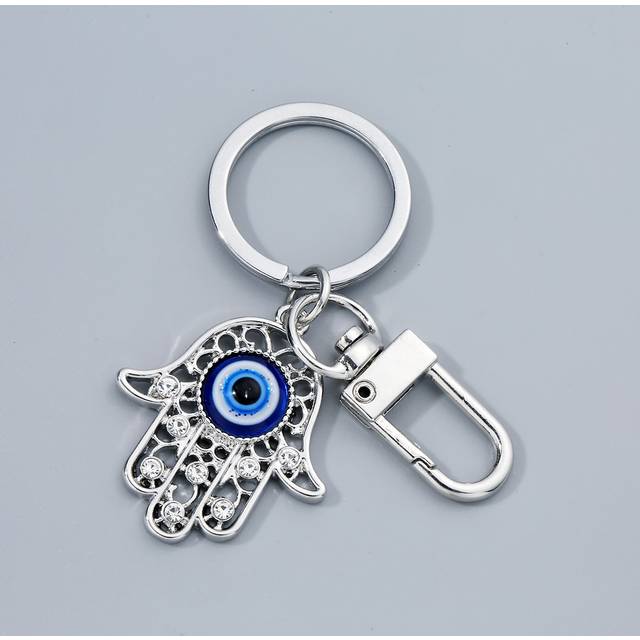 Street Evil Eye Detail Hamsa Hand Charm Keychain - Silver (En-Storlek)