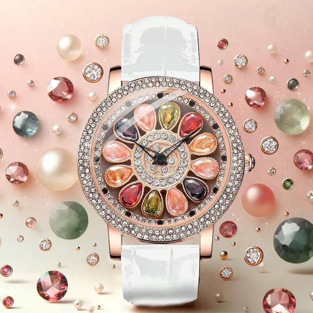SHEIN 1pc Ladies&#39; Rose Gold & White Elegant Quartz Watch With Rotating Rhinestone-Studded Flower Petals And Colorful Rhinestones, Suitable For Students Vale