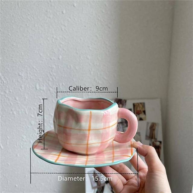 Lazy Niche Pink Lattice Coffee Cup And Saucer Breakfast Cup Girl Heart Afternoon Tea Cute Water Cup