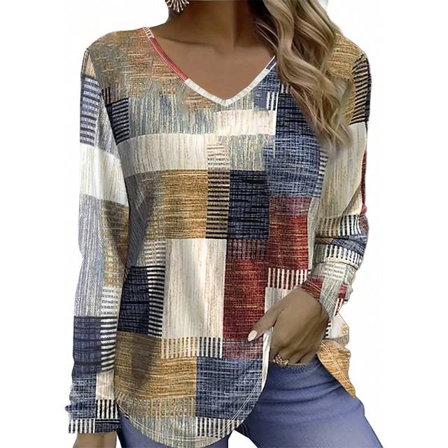 SHEIN Plus Size Women V-Neck Long Sleeve Striped Casual Loose T-Shirt
