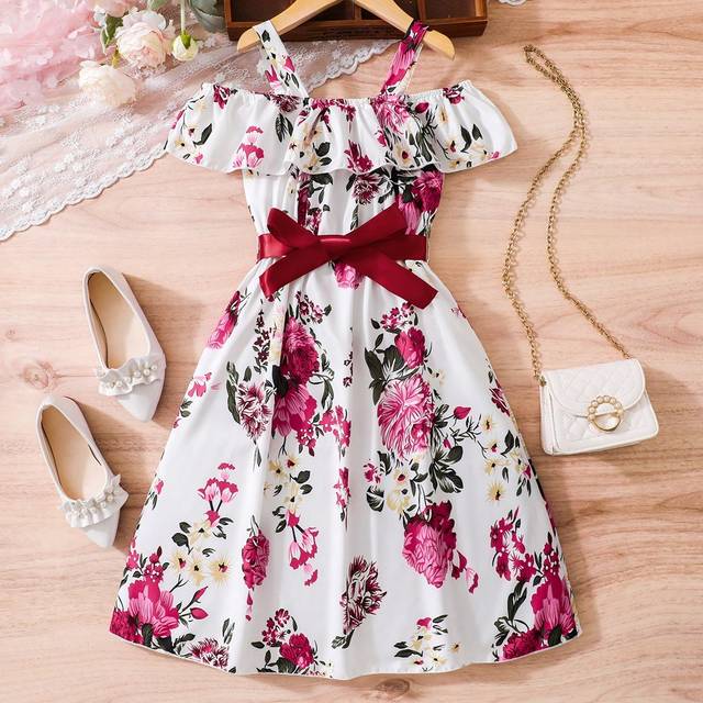 SHEIN Tween Girl Floral Print Spaghetti Strap Dress With Ruffle Trim