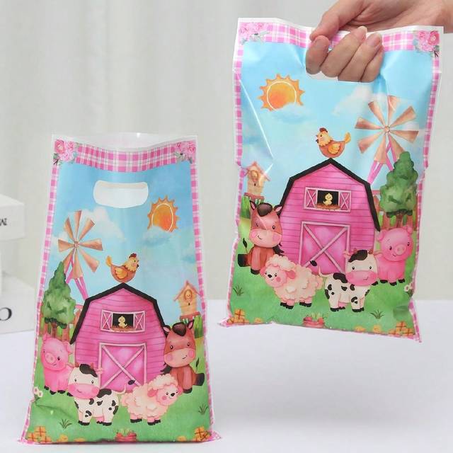 SHEIN 10pcs 25*16.5cm Pink Farm Animals Style Gift Bag, Animal Theme Birthday Family Holiday Gender Reveal Party Multi-Purpose Gift Wrapping Supplies Handba